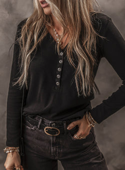 Black Ribbed Button Up Long Sleeve V-Neck Top