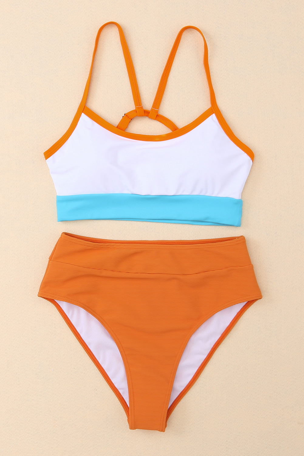 Orangefarbener Farbblock Spaghetti -Gurt hoher Taillenbikini Bikini Badeanzug