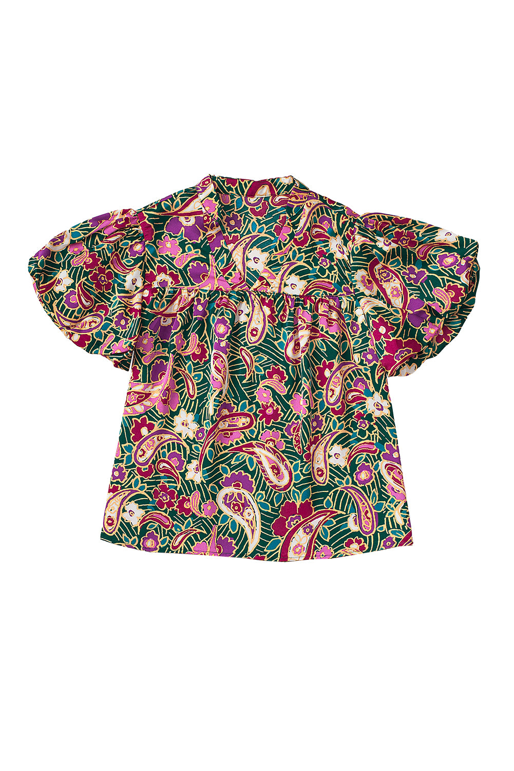 Blusa paisley a bolla a v sul collo verde a v.