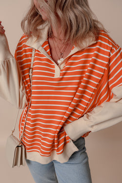 Orange striped and color block sweatshirt, loose fit, dropped collar and shoulders