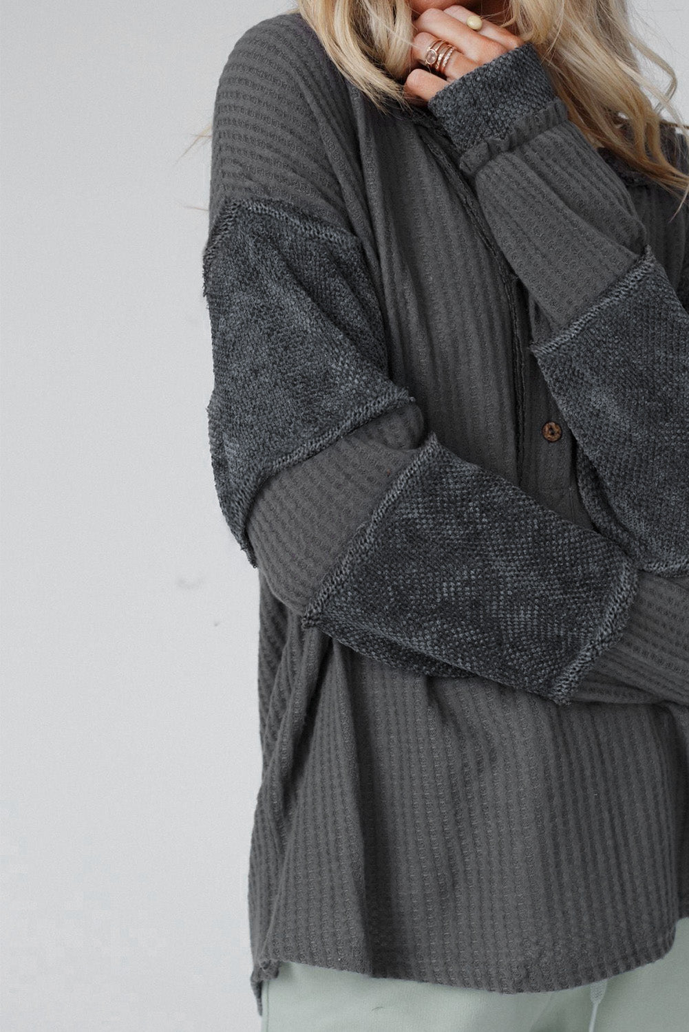 Gray Contrast Patched Exposed Seam Waffle Knit Henley Top