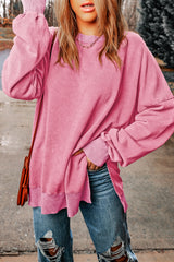 Sudadera rosa rosa con hombro caído y borde acanalado