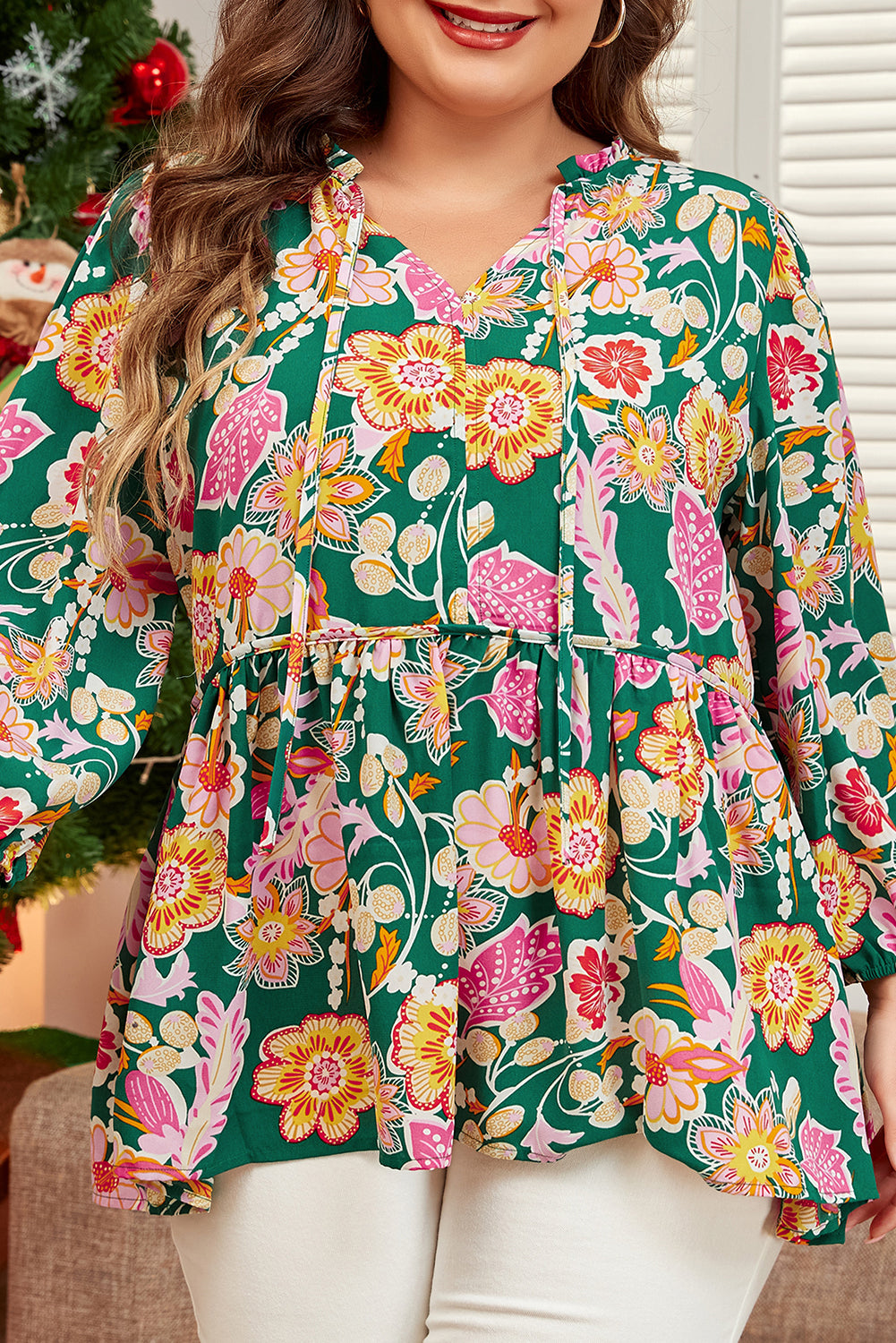 Green Long Sleeve Floral V-Neck Babydoll Top Plus Size