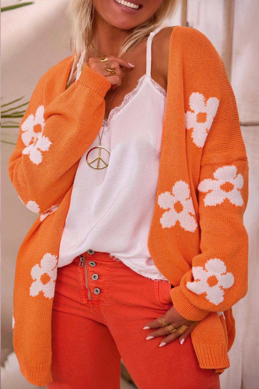 Plus Size Orange Floral Pattern Drop Shoulder Cardigan