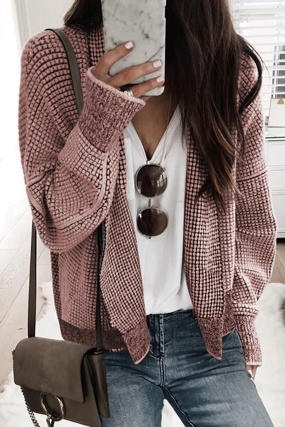 Open front cardigan with contrasting plaid and peach blossom trim