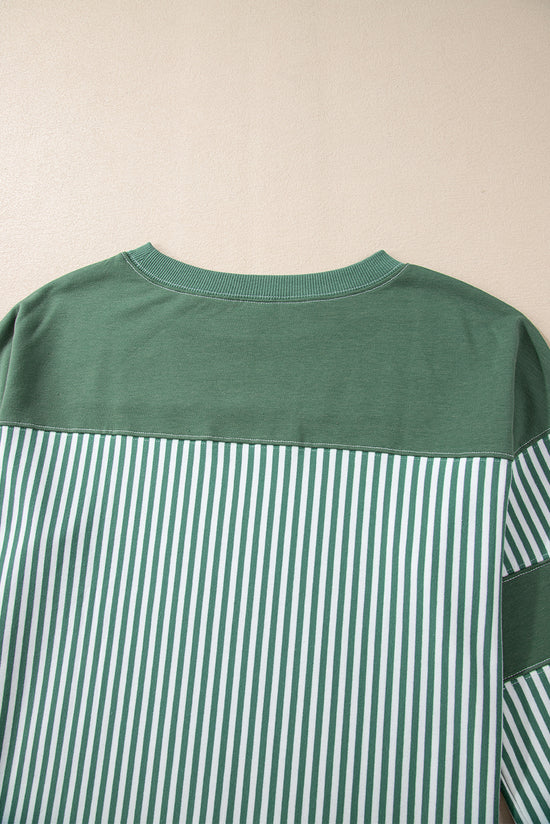 Mist Green Striped Patchwork 3/4 Sleeve Casual Top