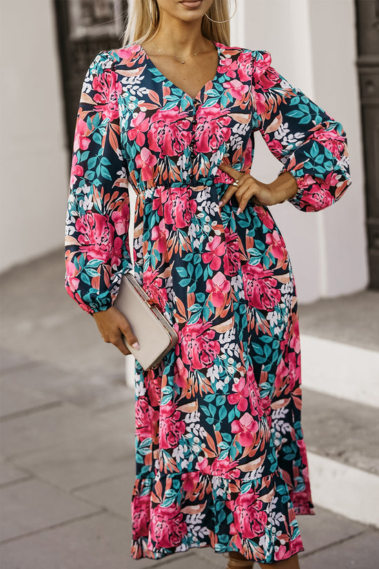 Vestido floral con cintura elástica alta con ardiente cuello rojo V rojo