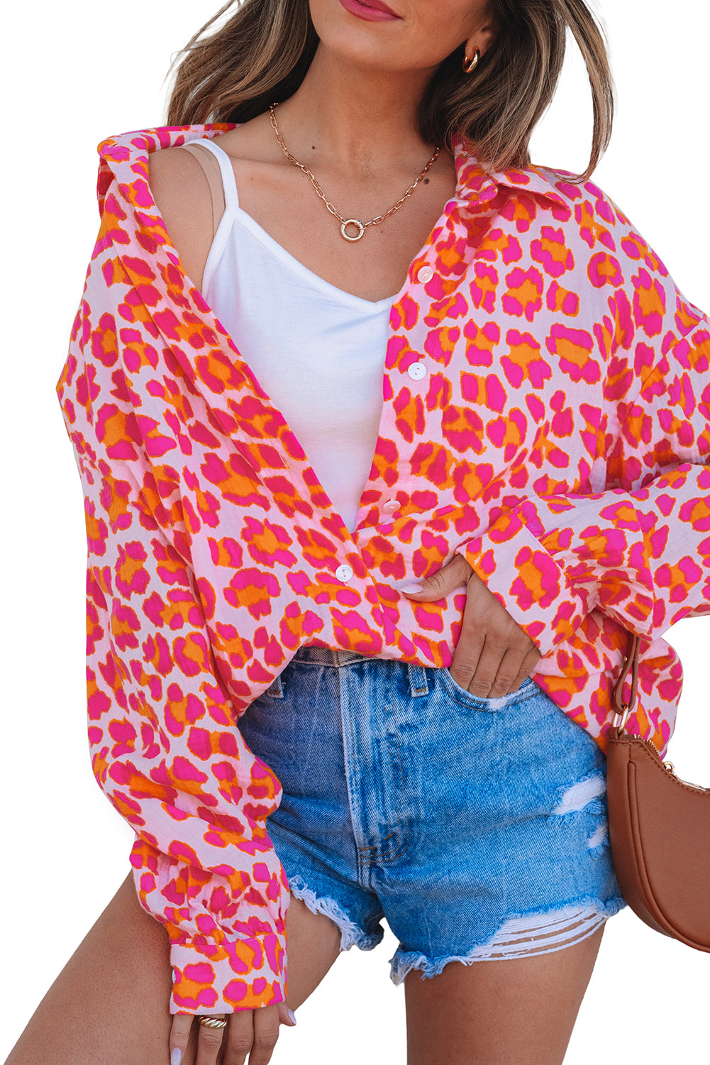 Gran camisa con estampado de leopardo rosa en bote