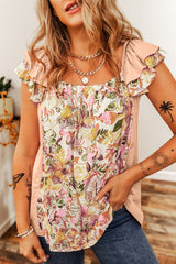 Chemisier à manches volantées et col carré en patchwork floral rose abricot-A WOMAN WE LOVE