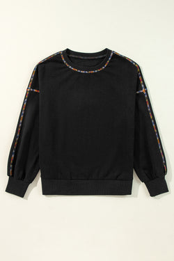 Black Drop Shoulder Sweatshirt with Contrast Rainbow Trim