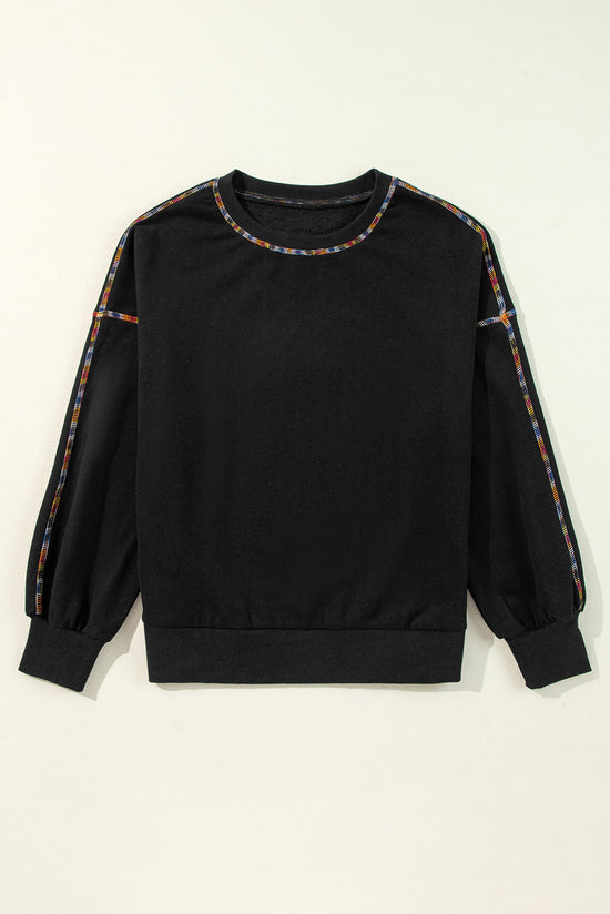 Black Drop Shoulder Sweatshirt with Contrast Rainbow Trim