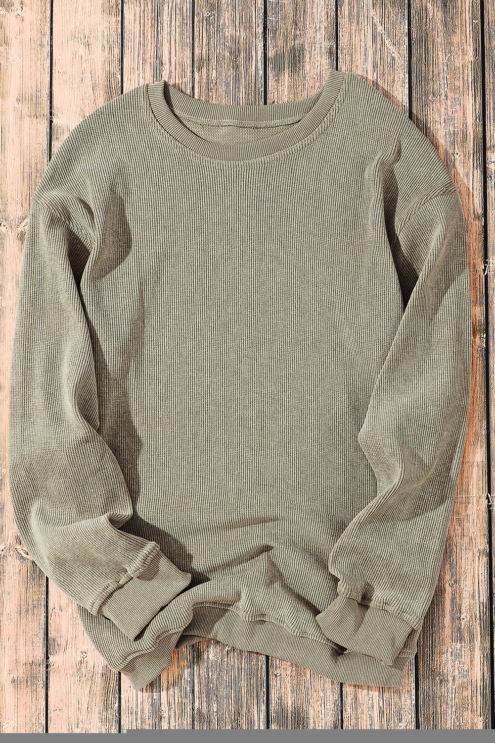 Solid Green Ribbed Knit Crew Neck Sweatshirt