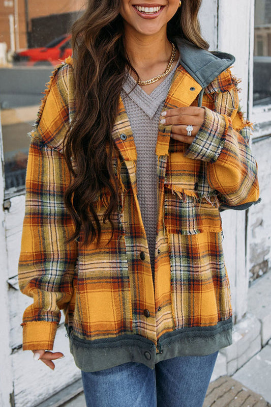 Orange Plaid Patch mit Kapuze mit ausgereihter Schnappknopfjacke mit Kapuze