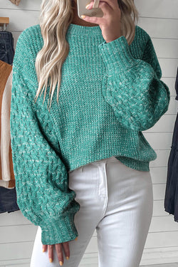 Water green sweater with drooping sleeve in twisted knitting