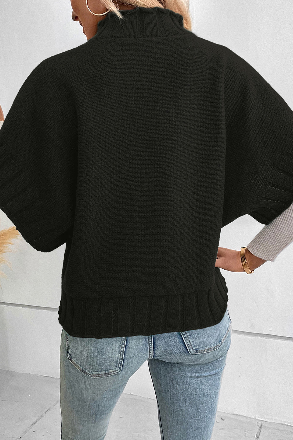 Black Mock Neck Batwing Pull en tricot à manches courtes