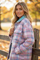 Loose jacket with collar and flap pockets in pink plaid print