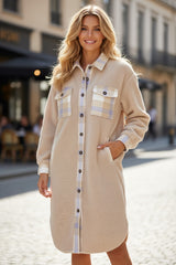 Long sherpa coat with patchwork collar and smoke gray checks