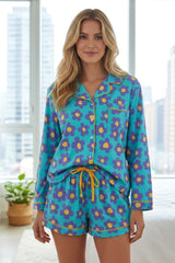 Ensemble pyjama chemise et short à manches longues imprimé fleurs vertes