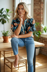 Chemisier noir à fleurs, manches courtes bouffantes