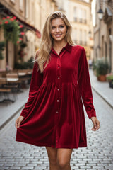 Bright Red Long Sleeve Ruffle Velvet Buttoned Dress