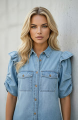 Chemise en jean Myosotis à manches bouffantes courtes