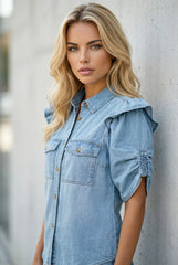 Chemise en jean Myosotis à manches bouffantes courtes