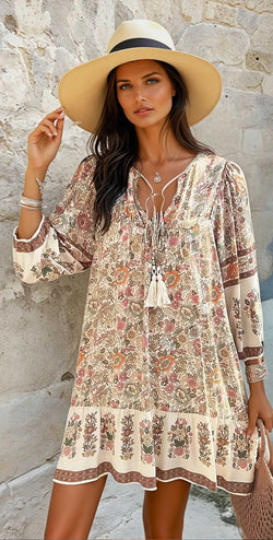 Apricot Floral Print V-Neck Drawstring Loose Mini Dress