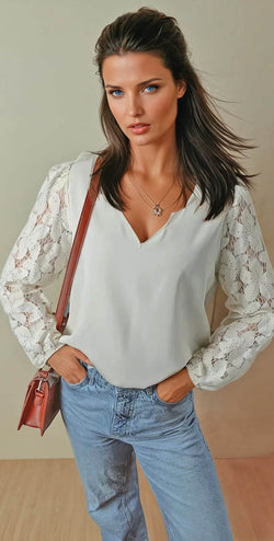 Blusa blanca festonneed con v * escote