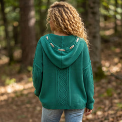 Pull vert d’eau à capuche et maille torsadée