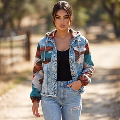 Multicolored denim jacket with aztec print *