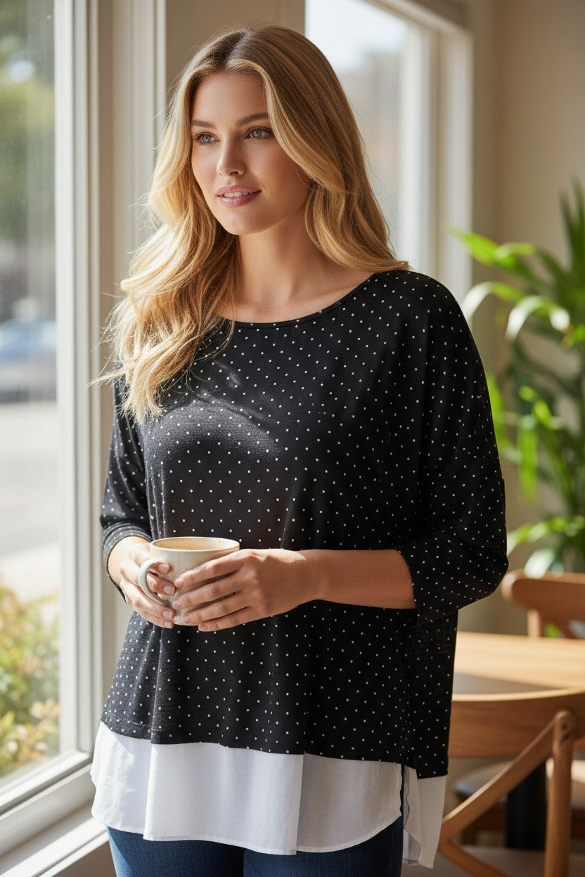 ⚫ Haut noir à pois et base blanche – BASIC