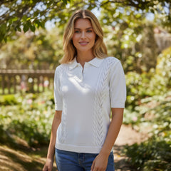 🤍 Polo en maille ajourée blanc – DAZY