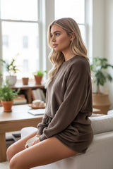 Ensemble de salon en polaire deux pièces coupe ample uni café