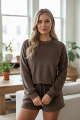 Ensemble de salon en polaire deux pièces coupe ample uni café