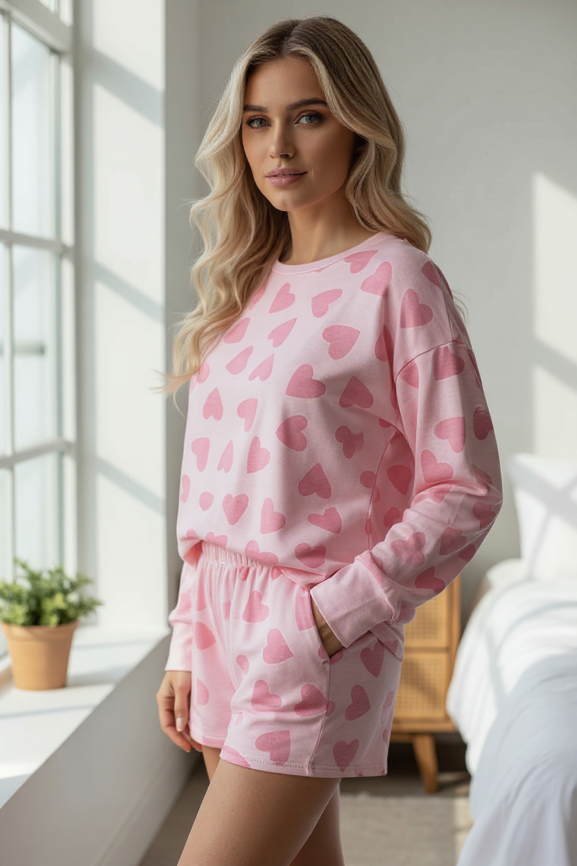 Ensemble de salon rose avec haut et short à manches longues