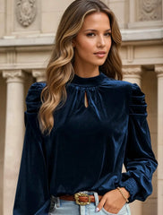 Elegant velvet blouse with navy blue upright collar *