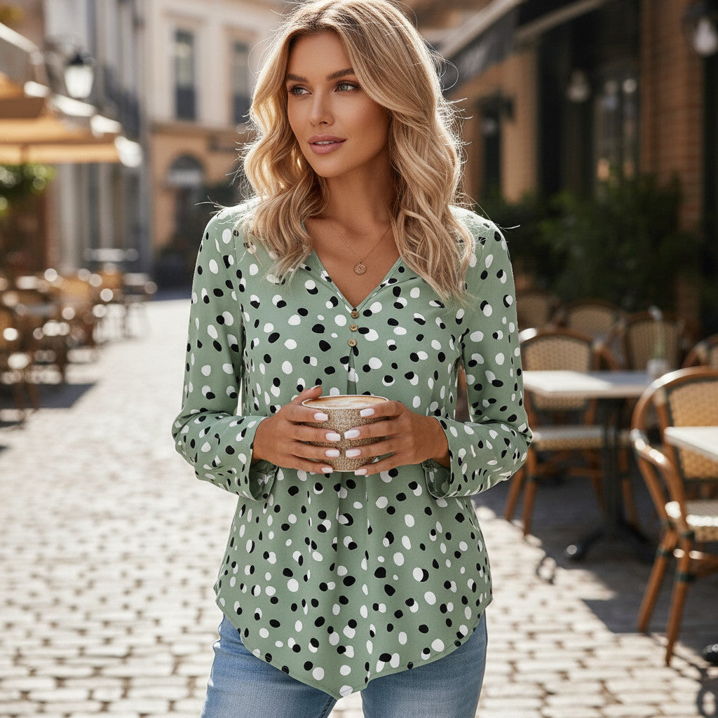 Green polka dot blouse and buttoned print *
