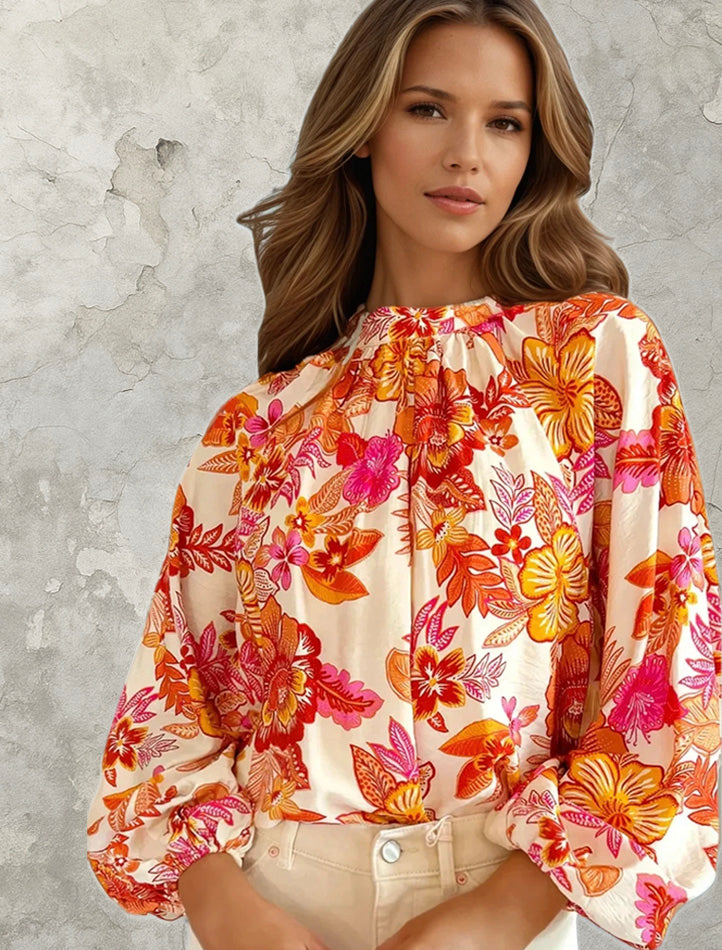 Blusa de impresión floral y botón de perla con orificio de bloqueo *