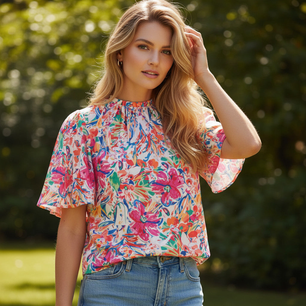 Chemisier d'été multicolore à manches volantées *