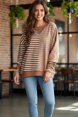 Sweat-shirt oversize à rayures décontractées et à rayures color block à épaules tombantes marron
