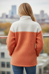 Orange Color Block Sherpa Half Zip Mock Neck Sweatshirt