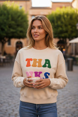 Sweat-shirt graphique à épaules tombantes brodé en chenille THANKS Abricot