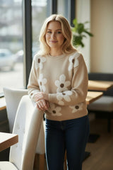 Pull à col rond et bordure côtelée à motif de fleurs parchemin