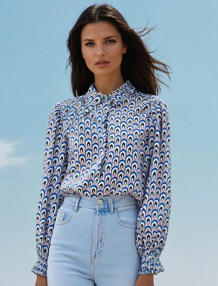 Chemise boutonnée à revers froncé et imprimé abstrait bleu *