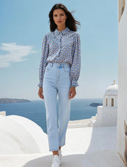 Chemise boutonnée à revers froncé et imprimé abstrait bleu *