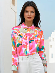 Chemise à volants et imprimé abstrait rose *