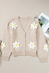 Elegant button front cardigan with parchment floral decoration