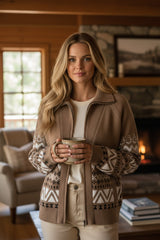 Cardigan marron zippé à col et bordure côtelée imprimé western