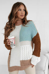 Khaki patchwork sweater in mixed textured knit color block
