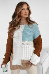 Khaki patchwork sweater in mixed textured knit color block